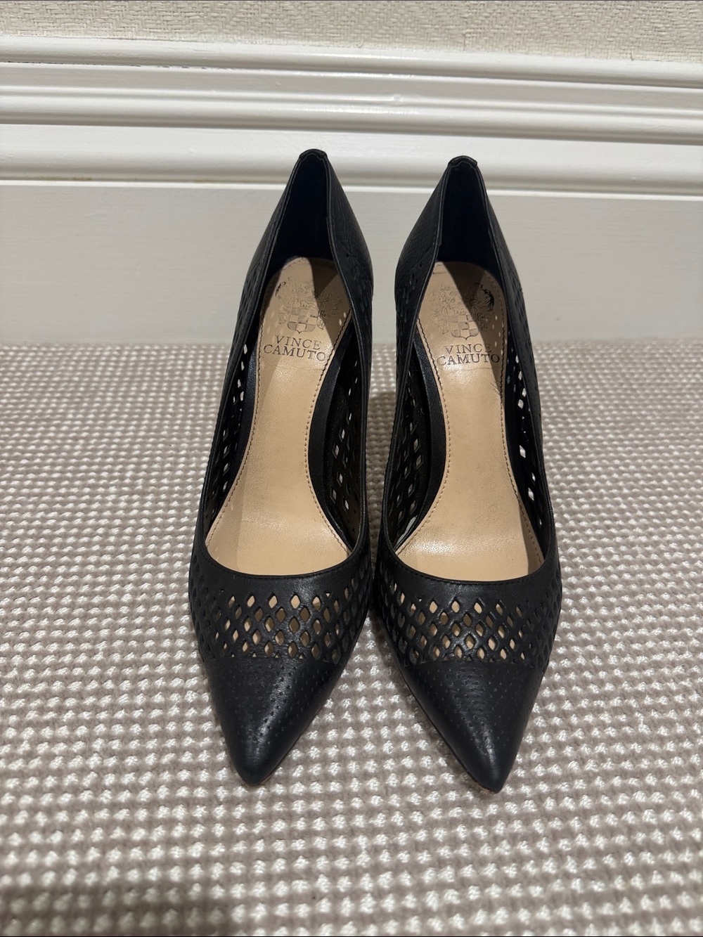 Vince Camuto Black Laser-Cut Pointed-Toe Pumps